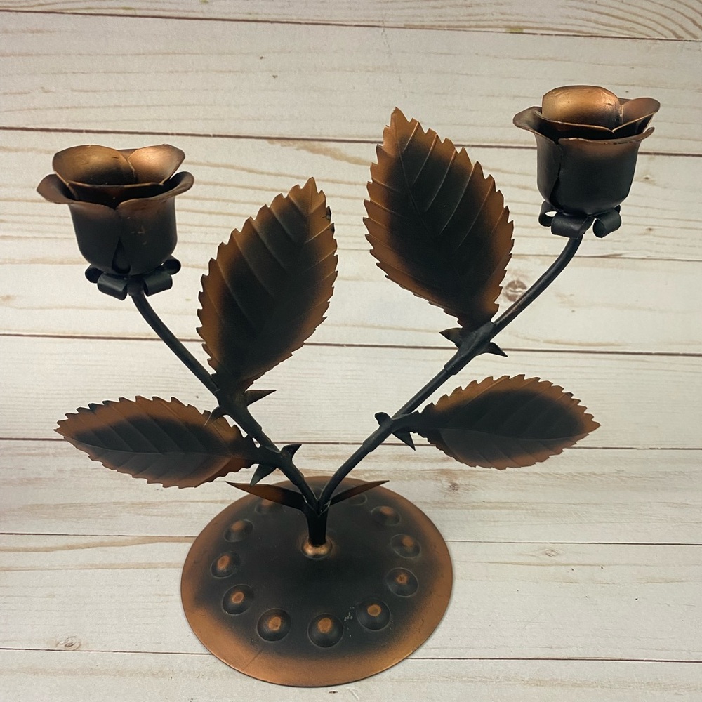 Metal Rose Double Taper Candle Holder Floral Flaws